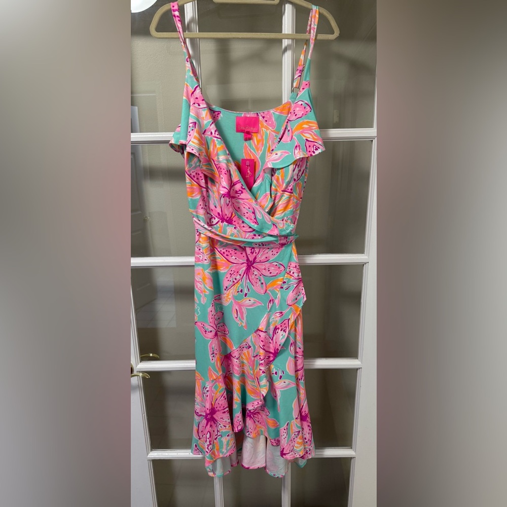 Lilly Pulitzer Blue and Pink Asymmetrical Sundress with Flutter Sleeves